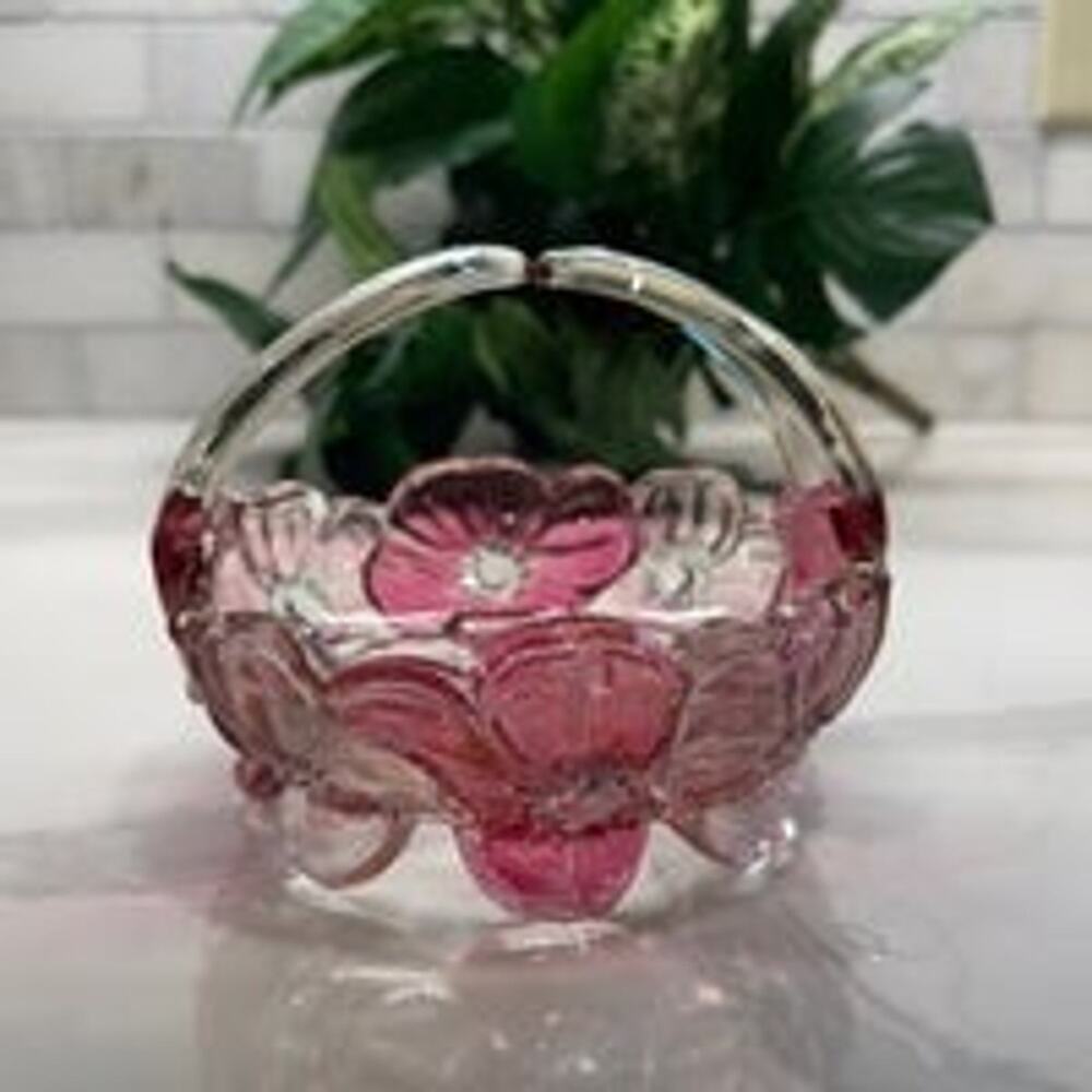 Vintage Westmoreland Pansy Ruby Flash Round Glass Basket